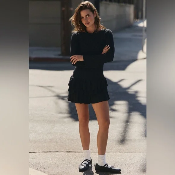 NWT Free People Good Feels Long Sleeve Mini Ruffle Dress Black Sz SMALL festival - Picture 5 of 16